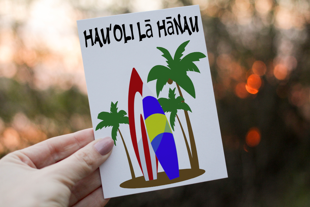 Hawaiian Surf Board Birthday Card, Hawaii Text Birthday Card - Click Image to Close